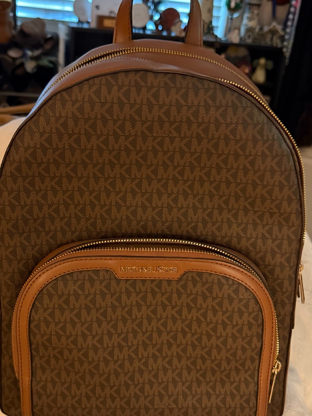 Michael Kors Brown Monogram MK Logo Backpack with Tan Trim